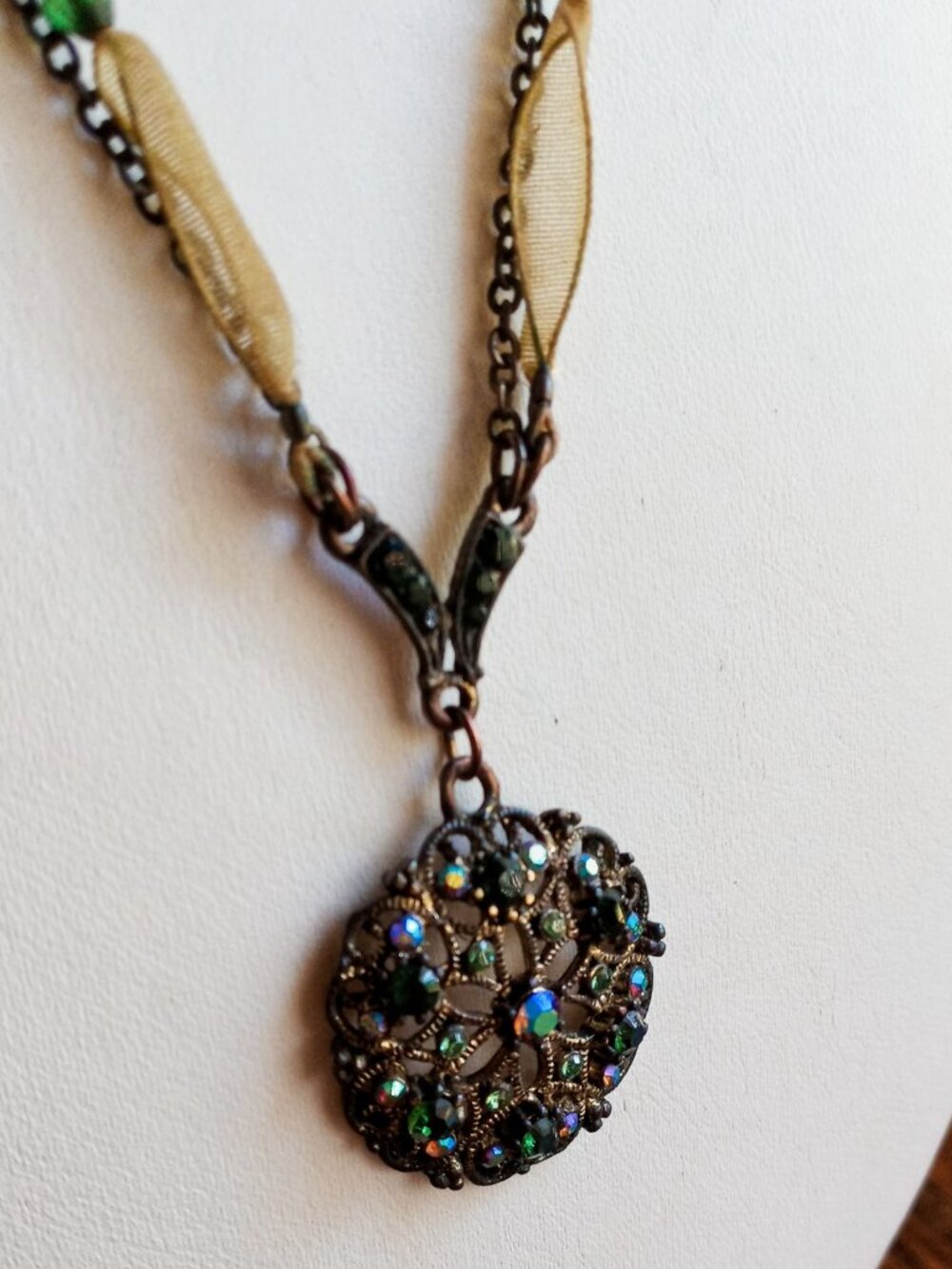Vintage Filigree-style Pendant Necklace w/Multi-colored Crystal Rhinestones - Picture 11 of 16